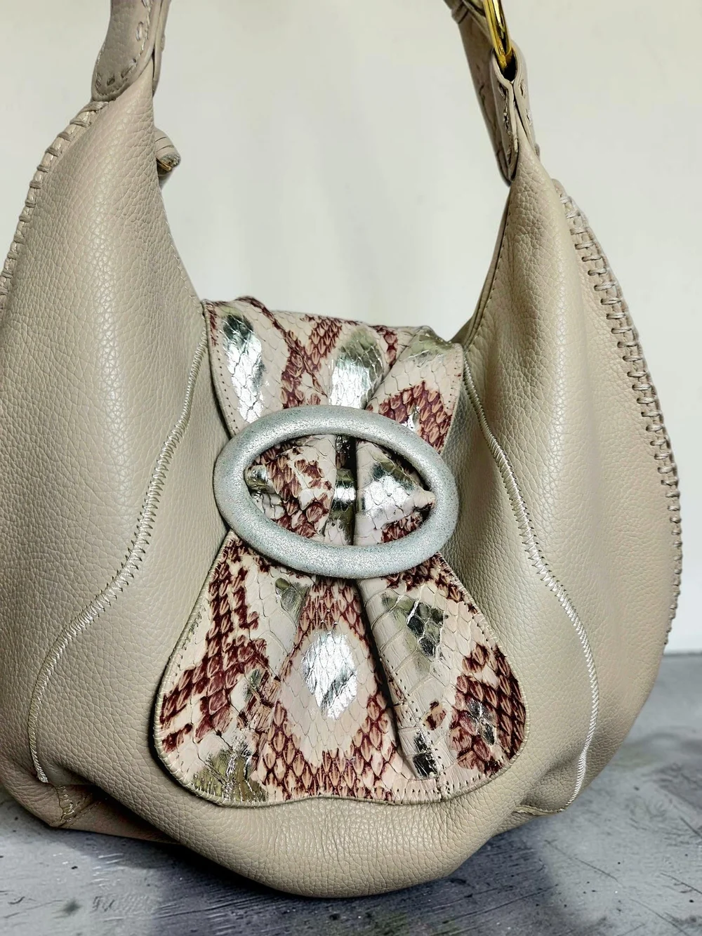 Cream Leather Hobo Bag with Snakeskin Detail and Gold Chain Strap